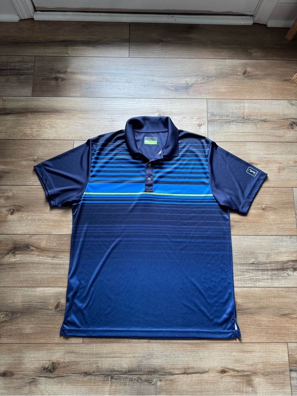 PGA Tour Navy Blue Striped Performance Polo with Aqua Accent